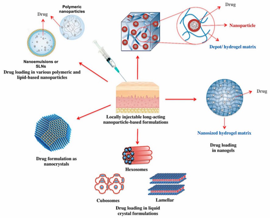 Different platforms where nanotechnology has contributed to the development of locally injectable long-acting formulations.
