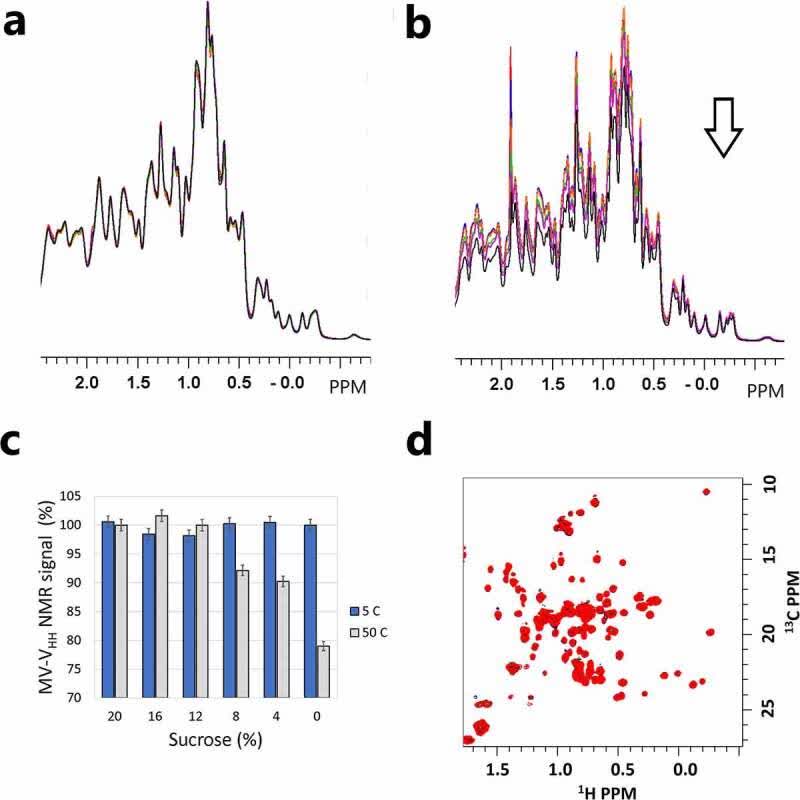 Fig. 1 Effect of sucrose on MV-VHH protein behavior from NMR fingerprinting.