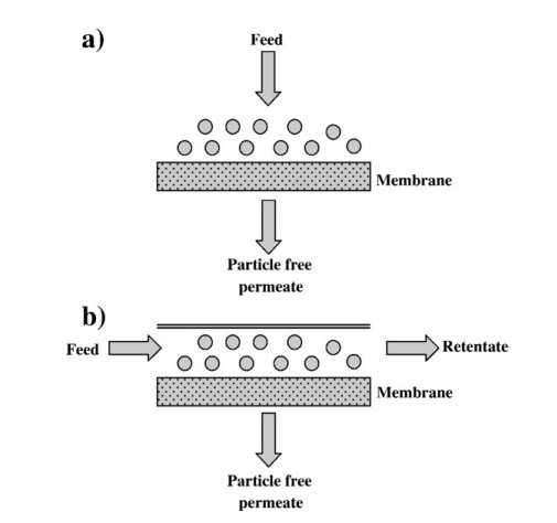 Fig. 1 Dead-end filtration and cross-flow filtration.