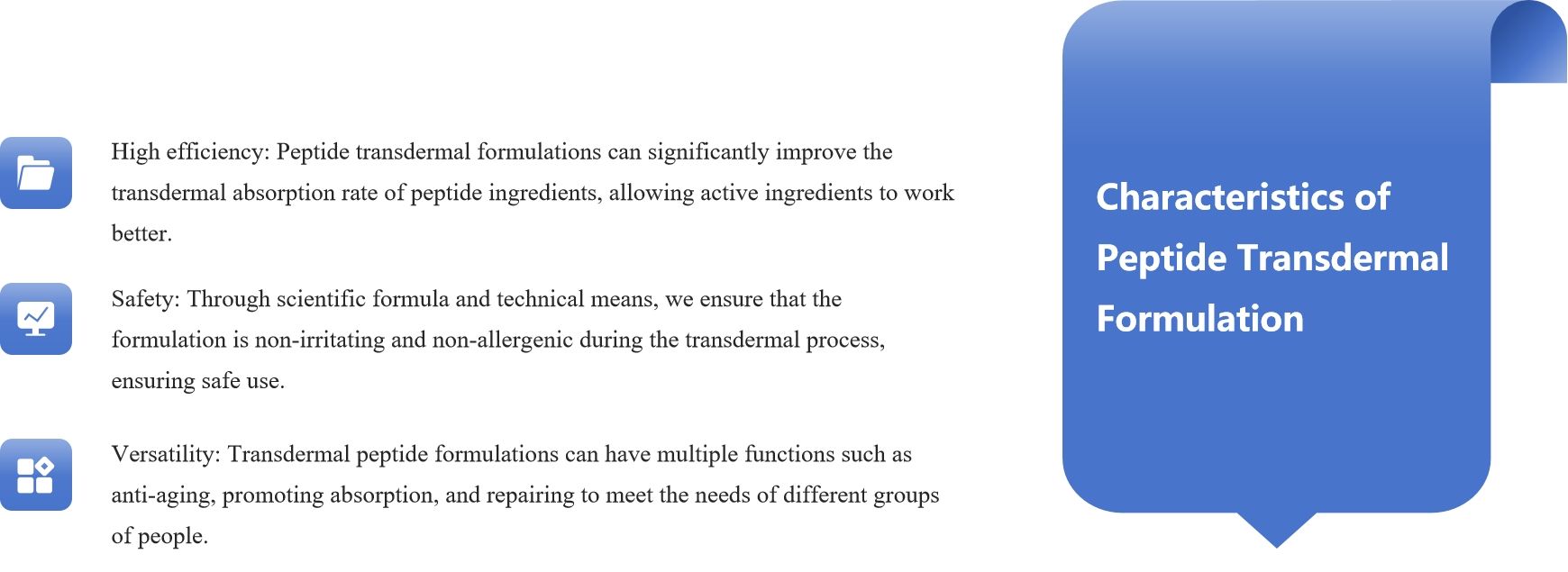 Fig.2 Characteristics of peptide transdermal formulations illustrating their unique clinical advantages.